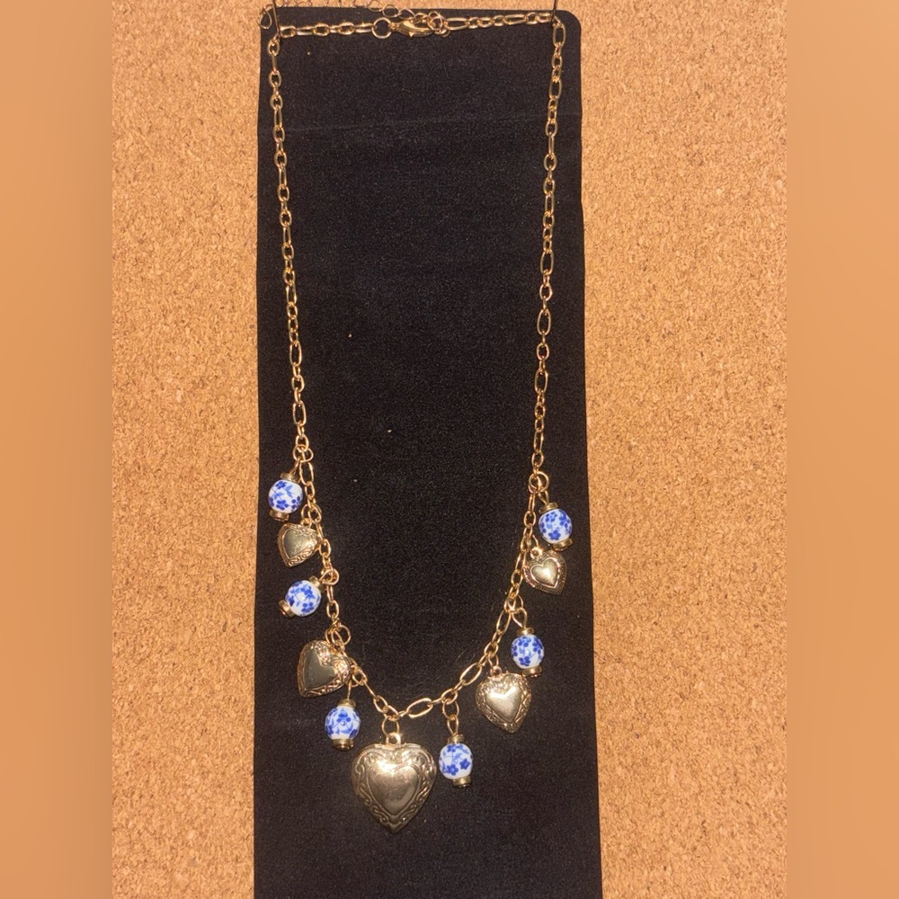 Gold and Blue Heart Charm Locket Necklace